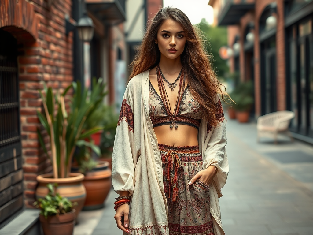 Une jeune femme au style bohème se tient dans une ruelle, vêtue d'une tenue colorée et élégante.