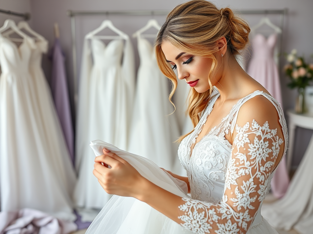 Une jeune femme en robe de mariée examine un détail de la tenue dans une boutique entourée de robes blanches.