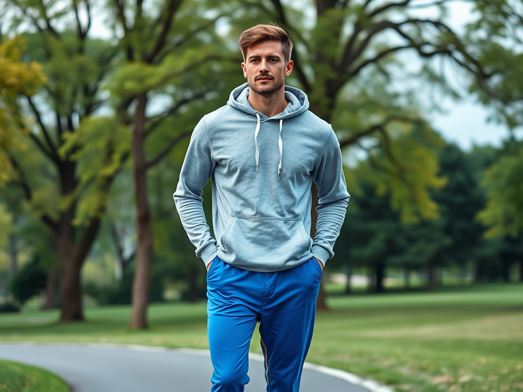 Un homme souriant porte un sweat gris et un pantalon bleu en marchant dans un parc avec des arbres verdoyants.