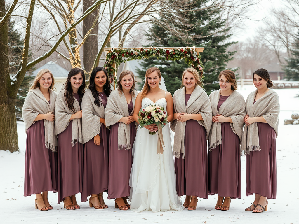 Un groupe de huit femmes en robes mauves et châles, souriantes, pose avec la mariée dans un décor hivernal.