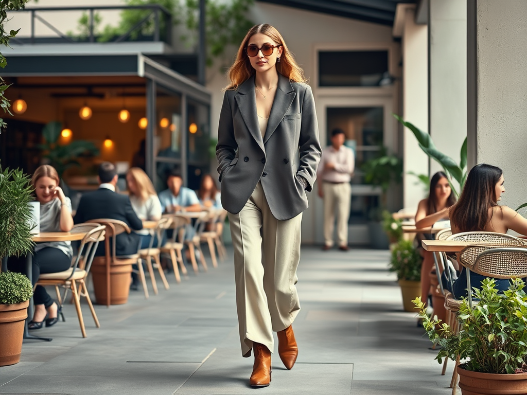 Une femme élégante en costume marche dans un café moderne tout en portant des lunettes de soleil et des bottes en cuir.