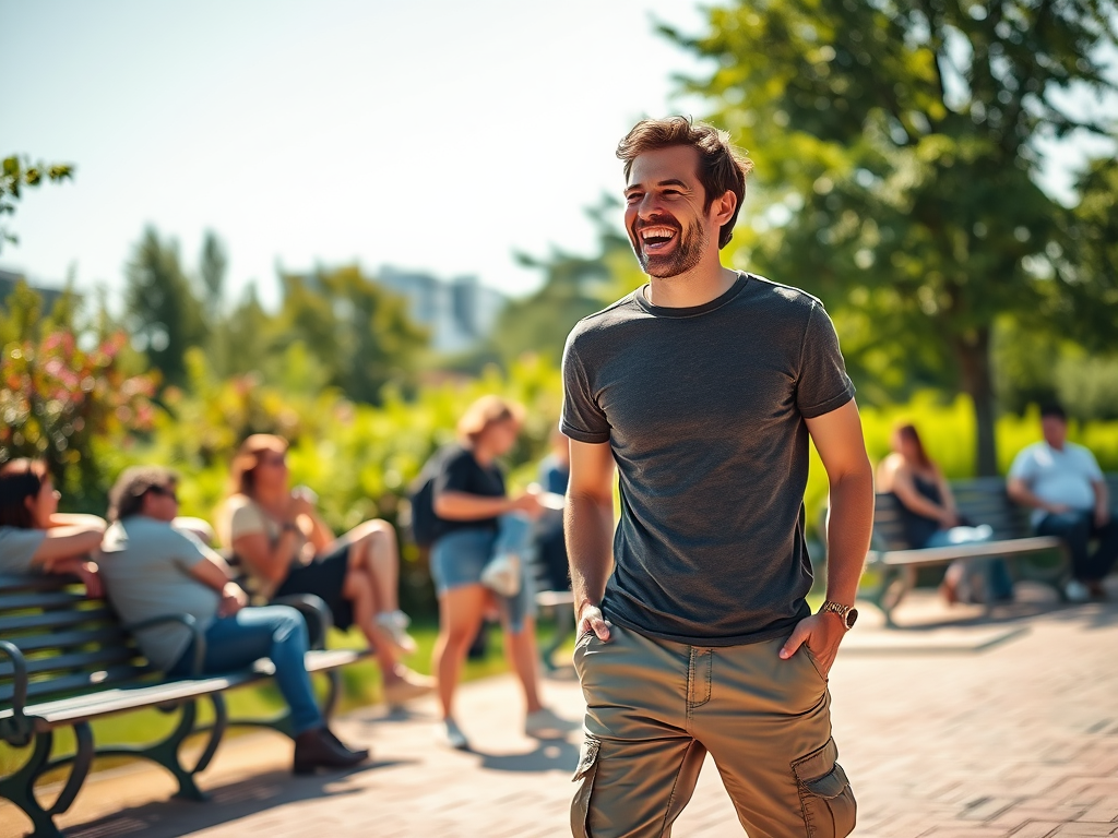 Un homme souriant se promène dans un parc ensoleillé, tandis que d'autres se détendent sur des bancs.