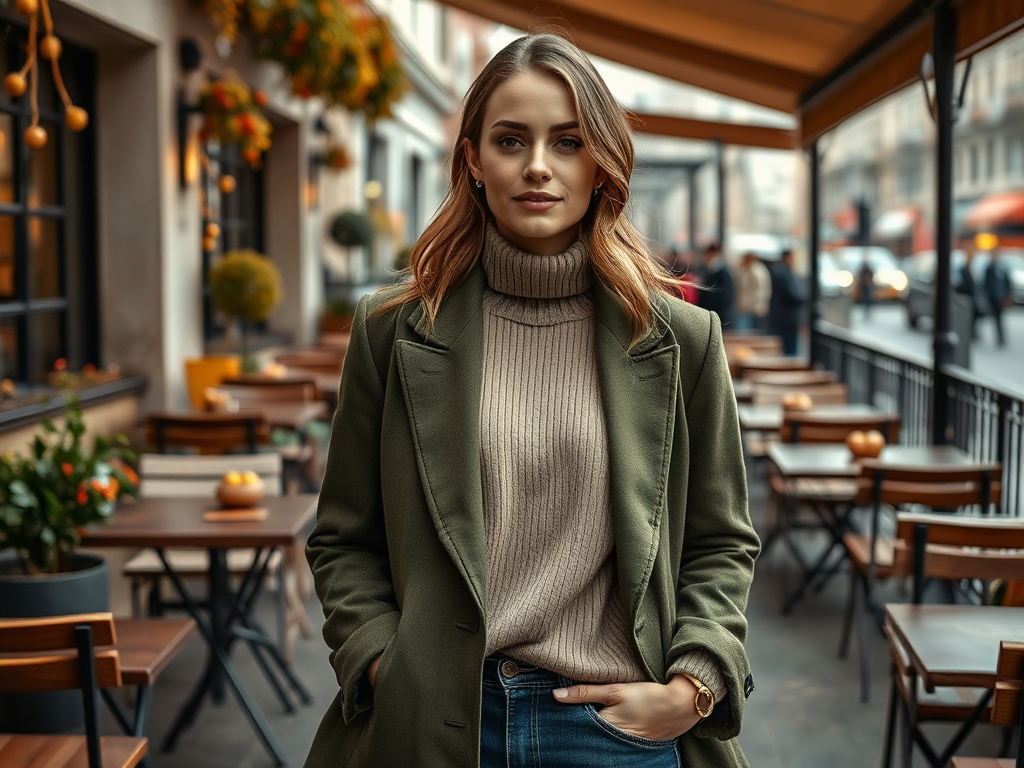 Une femme souriante porte un manteau vert et un pull beige, posant devant un café en plein air avec des tables.