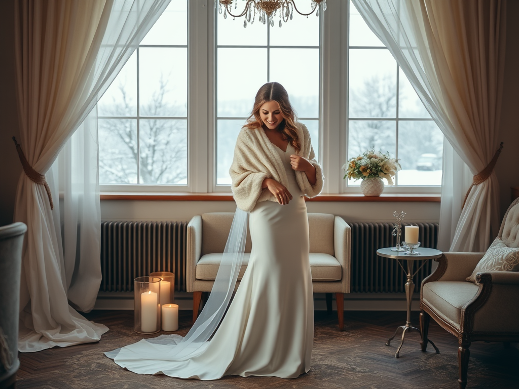 Une femme souriante en robe blanche se tient près d'une fenêtre, entourée de décorations chaleureuses.