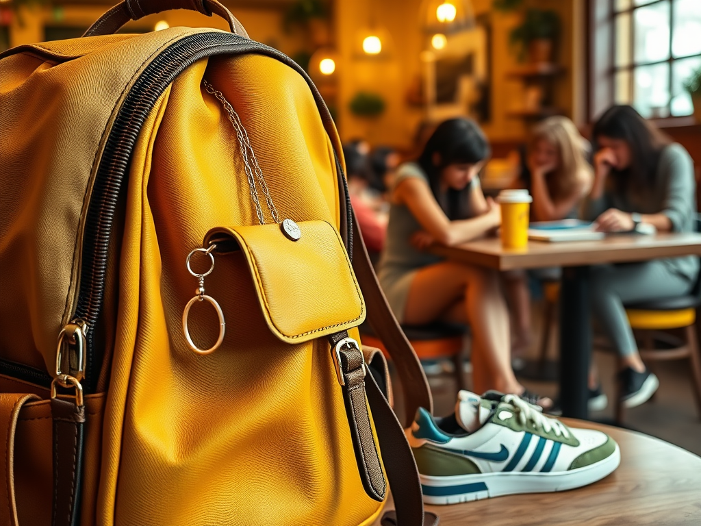 Un sac à dos jaune au premier plan, avec des étudiants concentrés sur leur travail à l'arrière-plan.