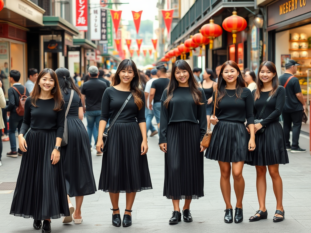 Un groupe de cinq femmes en tenues noires posant dans une rue animée, entourées de lanternes rouges.