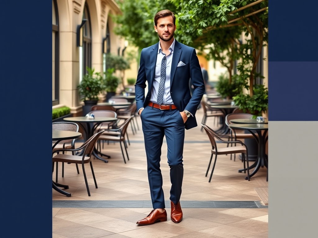 Un homme élégant en costume bleu marche dans un café extérieur, entouré de verdure et de tables.