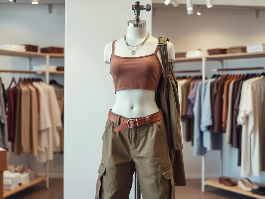 Un mannequin porte un top marron et un pantalon cargo kaki, exposé dans une boutique de vêtements élégante.