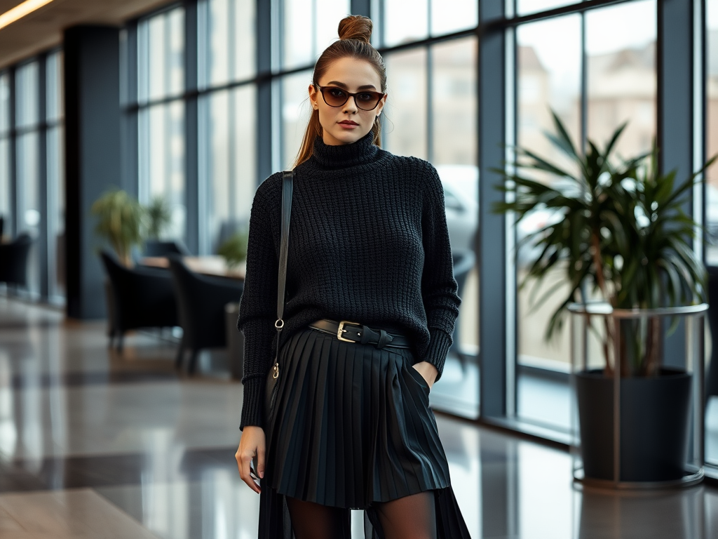 Une femme élégante porte un pull noir et une jupe plissée, face à des fenêtres dans un environnement moderne.