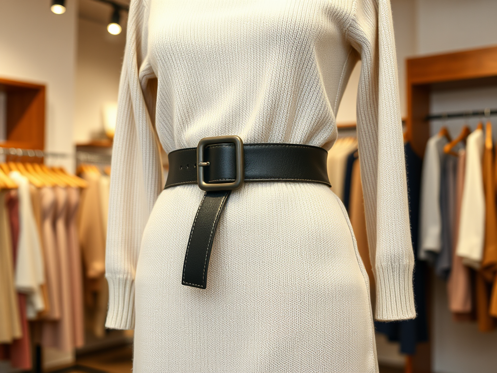 Une robe beige avec une ceinture noire en cuir, exposée dans un magasin de vêtements.