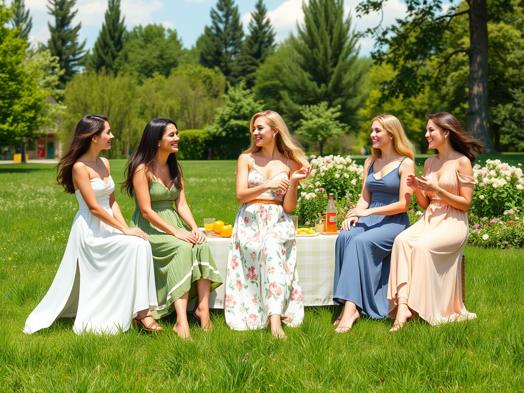 Cinq femmes élégantes s'asseyent sur l'herbe, riant et profitant d'un pique-nique ensoleillé.