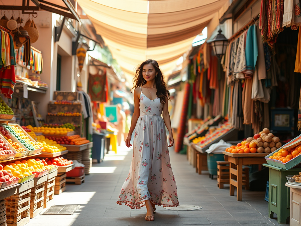 Une femme en robe longue fleurie marche dans un marché coloré, entourée de fruits et de tissus.